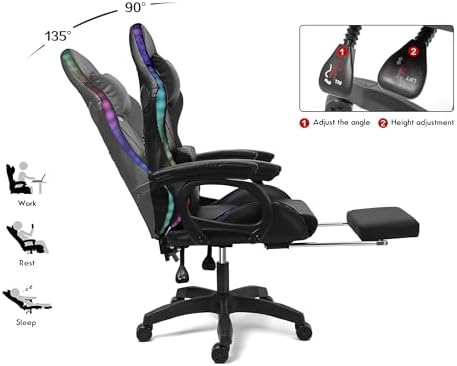 Ergonomic Gaming Chair with RGB LED Lights, Massaging Features, Footrest & Speakers - Reclining Computer Chair for Ultimate Comfort in Office & Gaming, Black