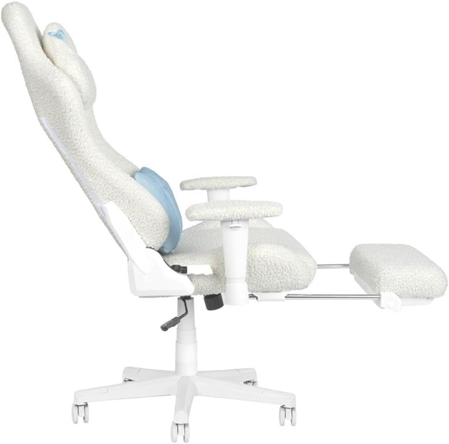 Pemberly Row Contemporary Gaming Chair, Fluffy White Bouclé Fabric, Bunny-Ear Magnetic Headrest, Blue Bow Pillow, Adjustable Footrest, Memory Foam Seat, 27.5'' W x 27'' D x 50-54'' H, Ergonomic Design