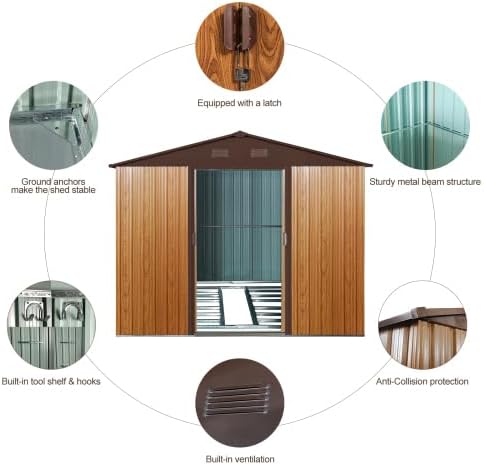 Chery Industrial 8FT x 10FT Outdoor Storage, Affordable Metal Tool Shed with Lockable Sliding Shed Door and Vents,Waterproof Galvanized Steel Sheds & Outdoor Storage for Backyard, Garden(Coffee)