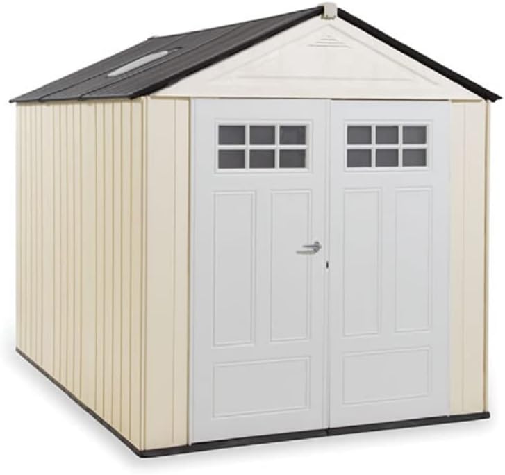 Rubbermaid Resin Outdoor Storage Shed With Floor (7 x 10.5 Ft), Weather Resistant, Beige/White, Organization for Home/Backyard/Garden Tools/Lawn Mower/Bike Storage/Pool Supplies