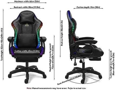 Ergonomic Gaming Chair with RGB LED Lights, Massaging Features, Footrest & Speakers - Reclining Computer Chair for Ultimate Comfort in Office & Gaming, Black