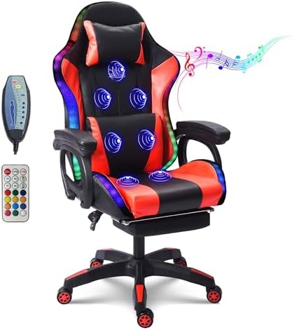 Ergonomic Gaming Chair with RGB LED Lights, Massaging Function, and Footrest - Reclining Video Game Chair with Speakers, Office Chair for Ultimate Comfort, Black