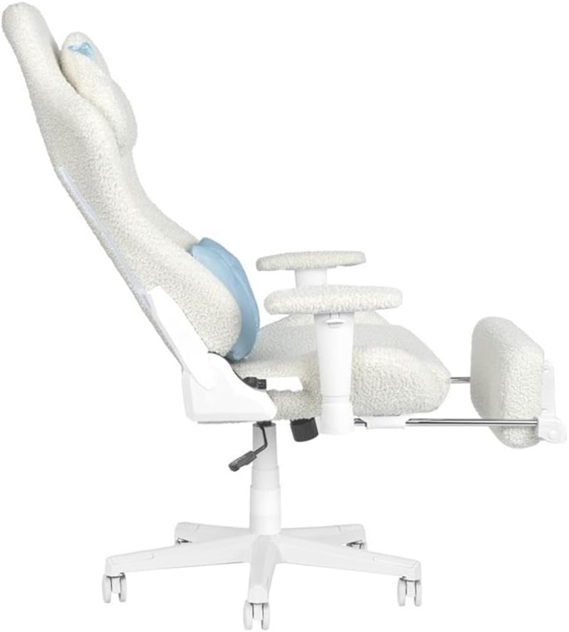Pemberly Row Contemporary Gaming Chair, Fluffy White Bouclé Fabric, Bunny-Ear Magnetic Headrest, Blue Bow Pillow, Adjustable Footrest, Memory Foam Seat, 27.5'' W x 27'' D x 50-54'' H, Ergonomic Design