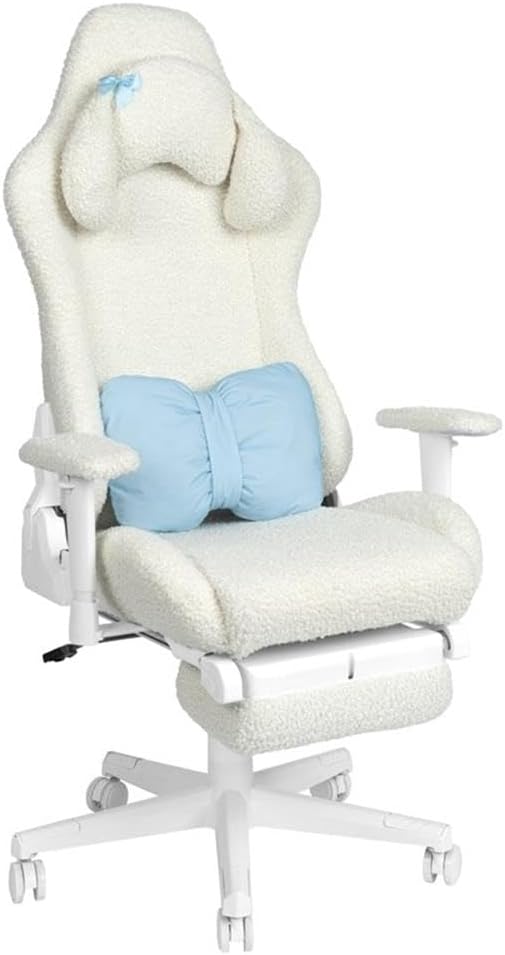 Pemberly Row Contemporary Gaming Chair, Fluffy White Bouclé Fabric, Bunny-Ear Magnetic Headrest, Blue Bow Pillow, Adjustable Footrest, Memory Foam Seat, 27.5'' W x 27'' D x 50-54'' H, Ergonomic Design