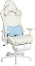 Pemberly Row Contemporary Gaming Chair, Fluffy White Bouclé Fabric, Bunny-Ear Magnetic Headrest, Blue Bow Pillow, Adjustable Footrest, Memory Foam Seat, 27.5'' W x 27'' D x 50-54'' H, Ergonomic Design