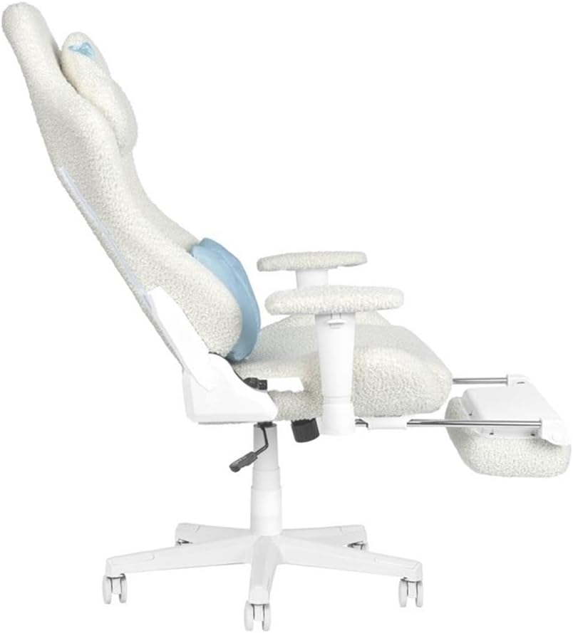 Pemberly Row Contemporary Gaming Chair, Fluffy White Bouclé Fabric, Bunny-Ear Magnetic Headrest, Blue Bow Pillow, Adjustable Footrest, Memory Foam Seat, 27.5'' W x 27'' D x 50-54'' H, Ergonomic Design