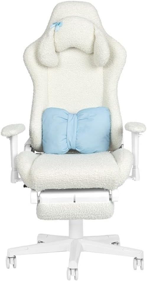 Pemberly Row Contemporary Gaming Chair, Fluffy White Bouclé Fabric, Bunny-Ear Magnetic Headrest, Blue Bow Pillow, Adjustable Footrest, Memory Foam Seat, 27.5'' W x 27'' D x 50-54'' H, Ergonomic Design