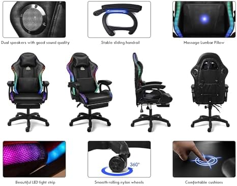 Ergonomic Gaming Chair with RGB LED Lights, Massaging Features, Footrest & Speakers - Reclining Computer Chair for Ultimate Comfort in Office & Gaming, Black
