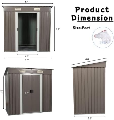Chery Industrial 6FT x 4FT Outdoor Storage Shed，Metal Tool with Lockable Sliding Shed Door and Vents,Waterproof Galvanized Steel Sheds & Outdoor Storage for Backyard, Garden(Brown)
