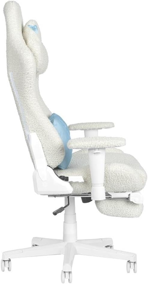 Pemberly Row Contemporary Gaming Chair, Fluffy White Bouclé Fabric, Bunny-Ear Magnetic Headrest, Blue Bow Pillow, Adjustable Footrest, Memory Foam Seat, 27.5'' W x 27'' D x 50-54'' H, Ergonomic Design