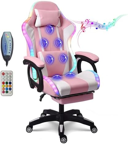 Ergonomic RGB Gaming Chair with Footrest & Massager, Reclining Video Game Chair with Speakers, Comfortable Computer Office Chair for Gamers - Black
