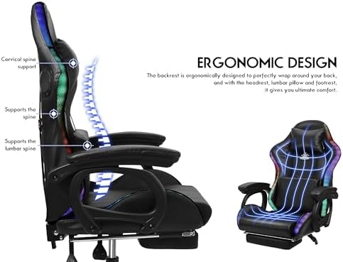 Ergonomic Gaming Chair with RGB LED Lights, Massaging Features, Footrest & Speakers - Reclining Computer Chair for Ultimate Comfort in Office & Gaming, Black