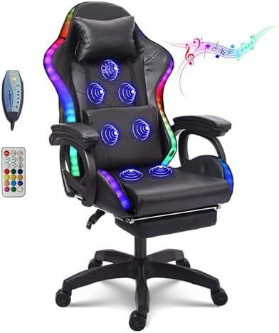Ergonomic Gaming Chair with RGB LED Light, Massaging Feature, Footrest, Reclining Design & Speakers - Comfortable Black Computer Gaming Chair for Ultimate Gaming Experience