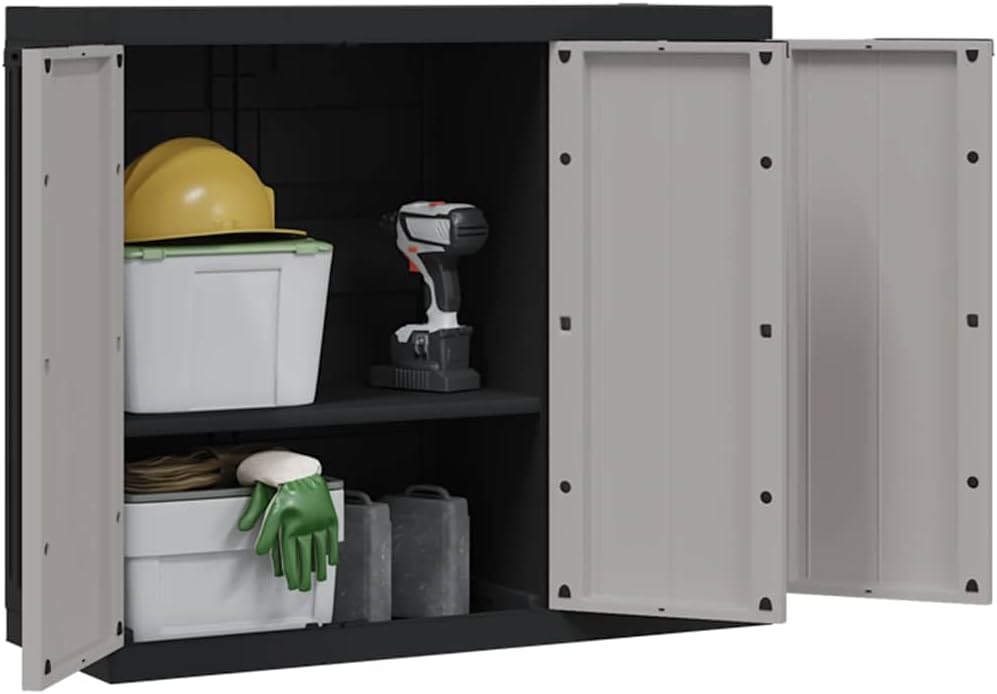 Outdoor Storage Cabinet with Lockable Door. Weatherproof Garden Shed Organizer for Patio Balcony. 38.2x14.6x33.5 Inches PP Utility Cupboard with Adjustable Shelves