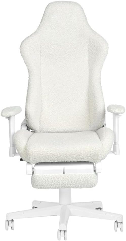 Pemberly Row Contemporary Gaming Chair, Fluffy White Bouclé Fabric, Bunny-Ear Magnetic Headrest, Blue Bow Pillow, Adjustable Footrest, Memory Foam Seat, 27.5'' W x 27'' D x 50-54'' H, Ergonomic Design