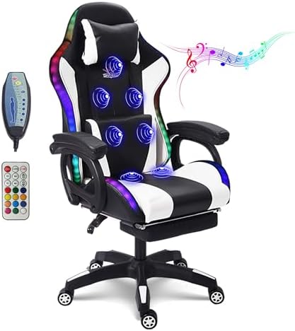 Ergonomic Gaming Chair with RGB LED Lights, Massaging Features, Footrest & Speakers - Reclining Computer Chair for Ultimate Comfort in Office & Gaming, Black