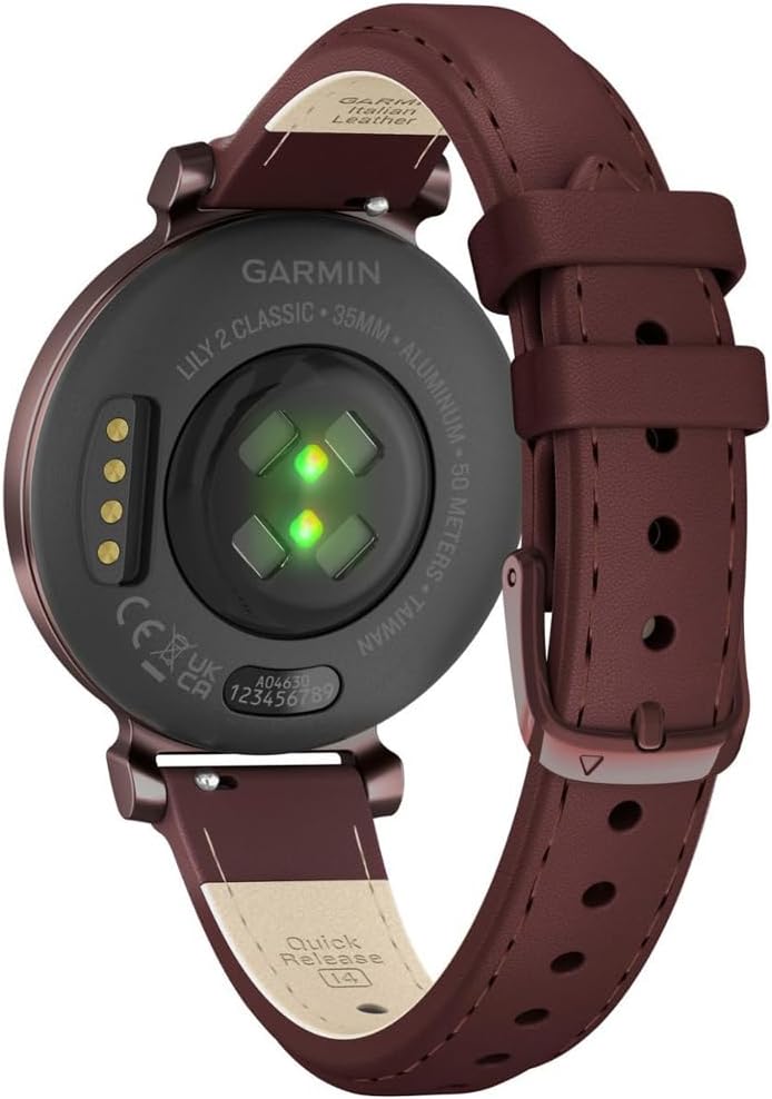 Garmin 010-02839-03 Lily 2 Classic Dark Bronze with Mulberry Leather Band Smartwatch | Official USA Partner Model | Bundle with Sport Towel + Deco Essentials Commuter Front & Rear Safety Light