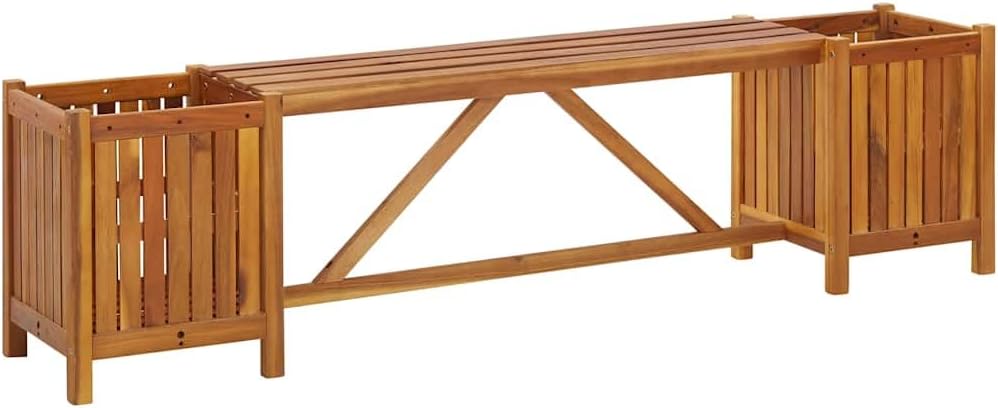 Solid Acacia Wood Patio Bench with Planters 59.1' Outdoor Furniture Garden Bench with 2 Storage Boxes for Porch Deck Backyard