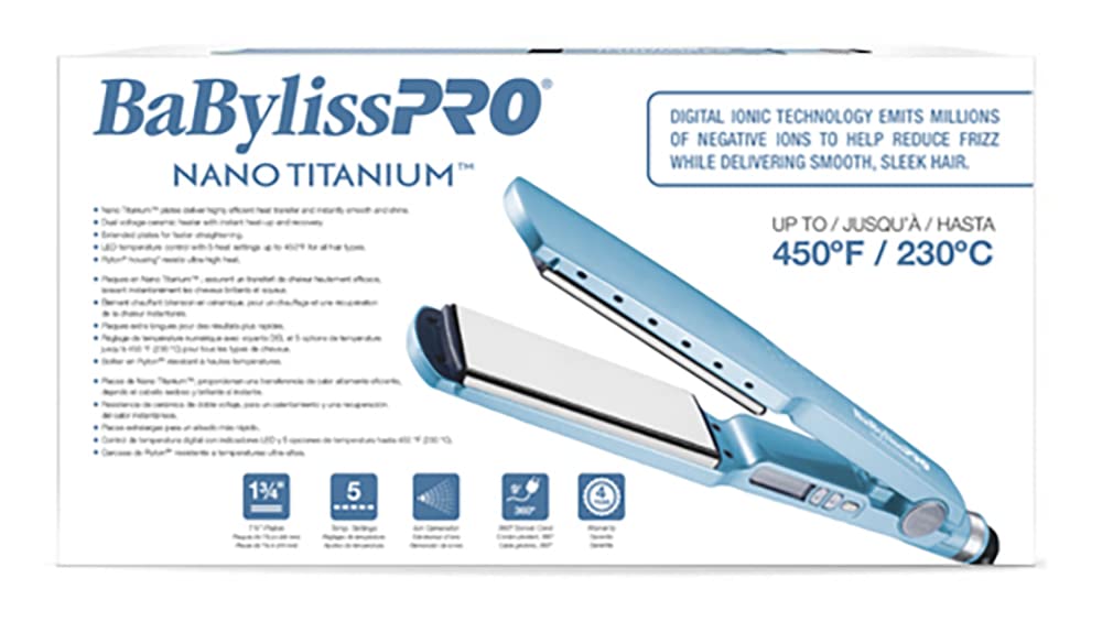 BabylissPRO Nano Titanium Ionic Hair Straightener, Professional Flat Iron for All Hair Types