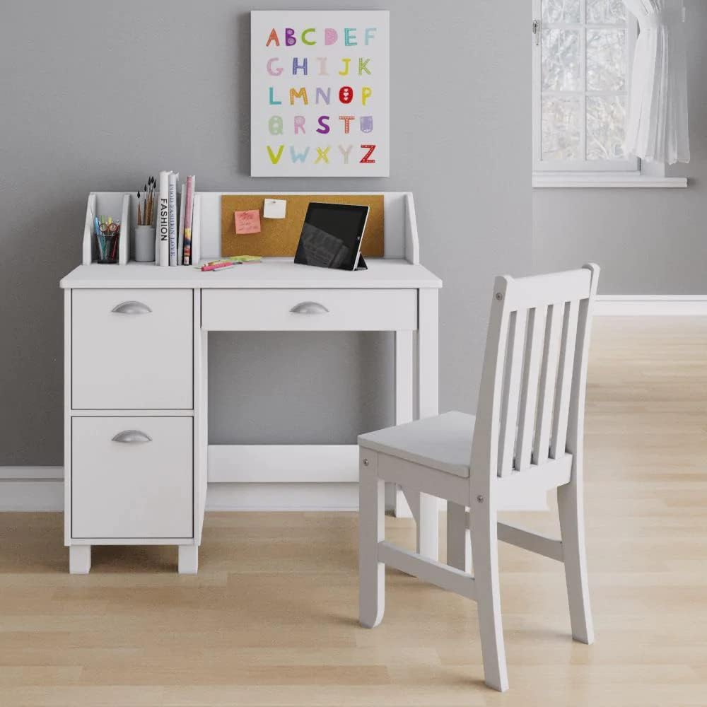 Wooden Study Desk Chair Set For Kids, Writing Desk With Storage Cabinet – Computer And Gaming Workstation Table With Drawers For Bedroom, Study Room, Homeschool (White/Rectangular)
