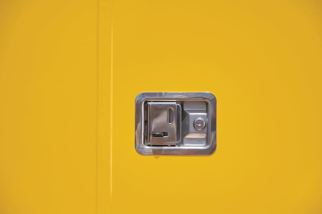 Justrite Reinforced Steel Outdoor Flammable Liquid Storage Cabinet, 2 Shelves with 350 lb. Capacity, 2 Self-Close Door Fire Cabinet, 30 Gallon, 44'x 43'x 18', Made in The USA, Yellow, 813020