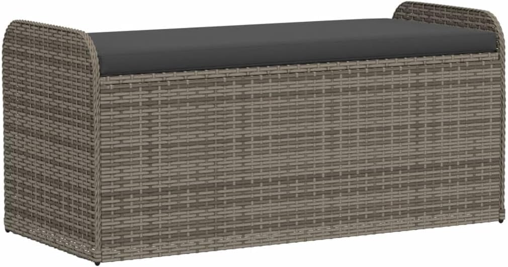 vidaXL Storage Bench Grey PE Rattan, Powder-Coated Steel, Polyester