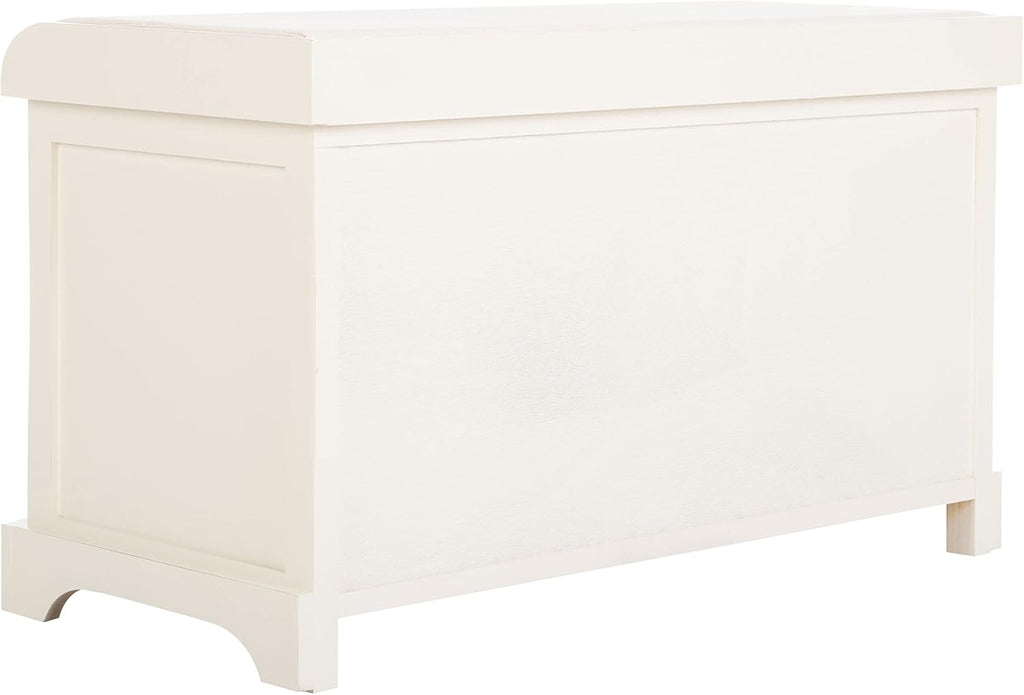 SAFAVIEH Home Collection – Freddy Vintage White Storage Bench with Wicker Baskets & Cushion, Entryway Seating Bench, Fully Assembled (AMH5736D)