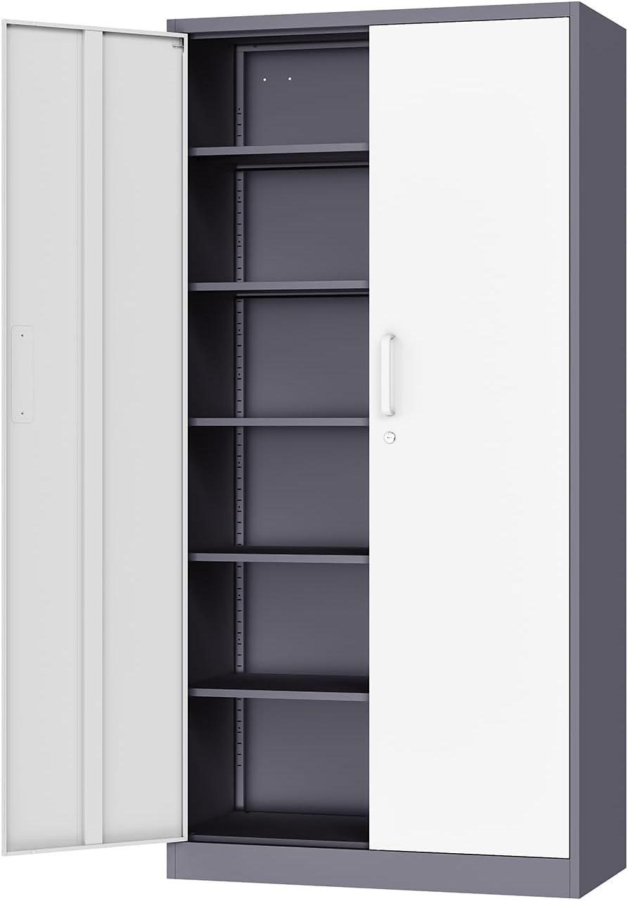 Fesbos Metal Cabinet Steel Storage Cabinet - 71' Tall Steel File Cabinets with Lockable Doors and 5 Adjustable Shelves Gray&White Storage Cabinets for Home, School, Office, Garage