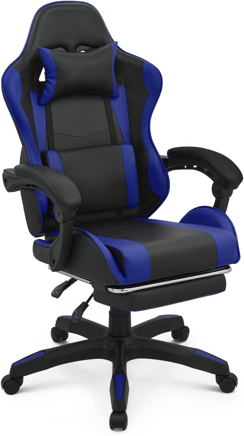 MoNiBloom Gaming Chair with Headrest & Lumbar Support Ergonomic Computer Racing Chair with Footrest, Adjustable Hight Leather Swivel Computer Chair for Adult Teen Office or Gaming, Blue