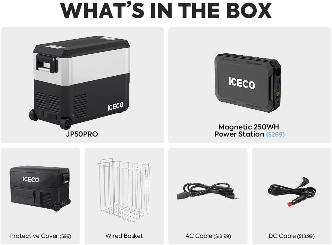 ICECO JP50 Pro Portable Refrigerator with Magnetic Battery,12V Fridge Freezer with Wheels, Car Fridge Powered by SECOP, 51.7 Quart Cooler -4℉～68℉, DC 12/24V, AC 110/240V, Refrigerator for Car&Home
