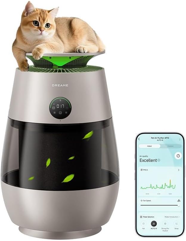 Dreame Pet Air Purifier AP10, Suck Up Floating Cat Dog Hair Dander, NeverChange 5.4-Year Filters for Odor Purification, 1346 ft² for Home Large Room, Pet-Friendly Design, APP & Voice Control, Gold