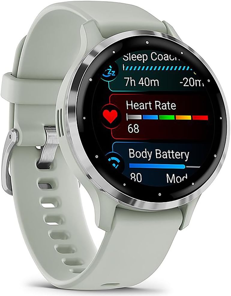 Garmin 010-02785-01 Venu 3S Health Fitness GPS Smartwatch Steel Bezel with Sage Gray Case 41mm Bundle with Charging Dock, Silicone Dust Cover 3 Pack and USB Type C Charging and Sync Cable