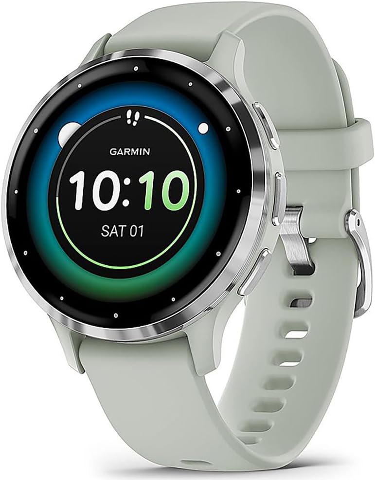 Garmin 010-02785-01 Venu 3S Health Fitness GPS Smartwatch Steel Bezel with Sage Gray Case 41mm Bundle with Charging Dock, Silicone Dust Cover 3 Pack and USB Type C Charging and Sync Cable