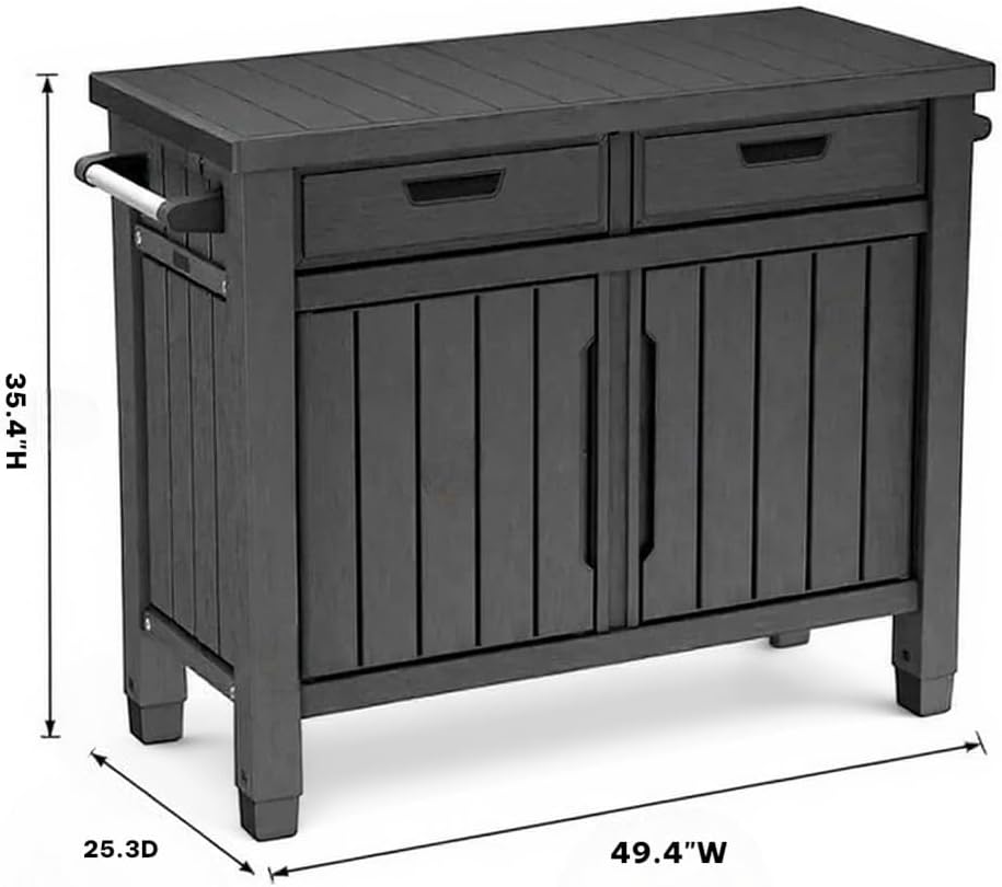 Outdoor Grill Table, Entertainment, and Storage Table with Drawers in Graphite Gray is a Versatile and Stylish Addition to Any Outdoor Space.