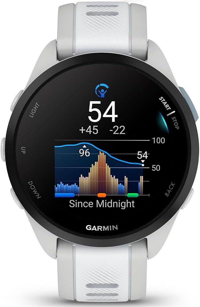 Garmin 010-02863-31 Forerunner 165 Music Smart Sport Watch Mist Gray + Whitestone Bundle with Deco Essentials Charging Dock, Silicone Dust Cover 3 Pack and Screen Protector for 1.2 inch 2 Pack