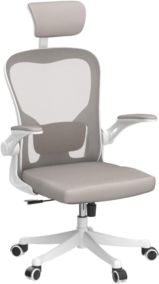 Monhey Office Chair Ergonomic Desk Chair with Lumbar Support&Headrest&Flip-up Arms Height Adjustable Rocking Swivel Computer Chair Multi-Angle from 90° to 125° with 350LBS Capacity (02White+Khaki)