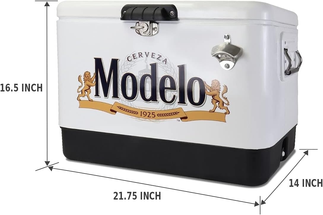 Modelo Ice Chest Cooler - Portable Ice Bucket with Bottle Opener, Vintage Style, Insulated for Camping, Beach, Picnic, RV, BBQs, Tailgating, Fishing, Stainless Steel 85 Can Ice Box, 51L (54 qt)