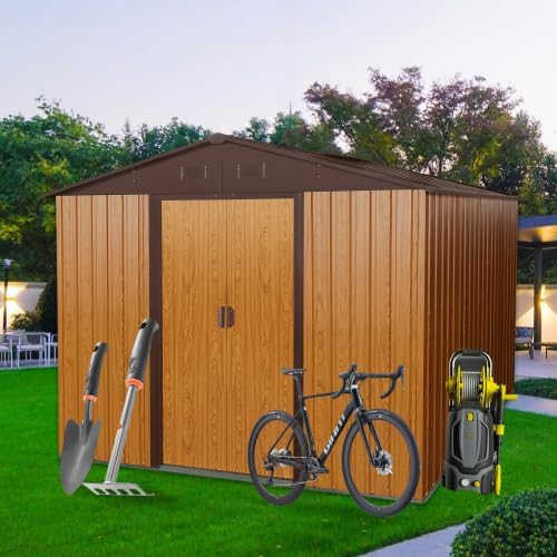 Chery Industrial 8FT x 10FT Outdoor Storage, Affordable Metal Tool Shed with Lockable Sliding Shed Door and Vents,Waterproof Galvanized Steel Sheds & Outdoor Storage for Backyard, Garden(Coffee)