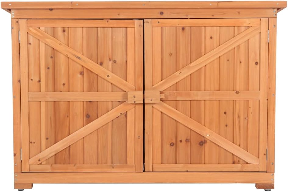 Outdoor Wooden Storage Cabinet, Wood Garden Shed, Outside Tool Shed, Vertical Organizer Cabinet with Double Doors for Outside, Garden and Yard