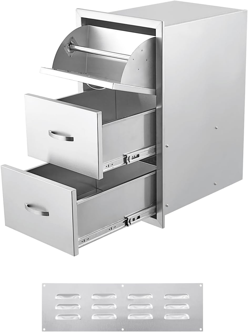17W x 21D x 30H Inch Outdoor Kitchen Drawers Stainless Steel, Flush Mount Triple Drawers with Stainless Steel Handle, Venting Panel Weatherproof for Kitchen Island Patio, Grill Station