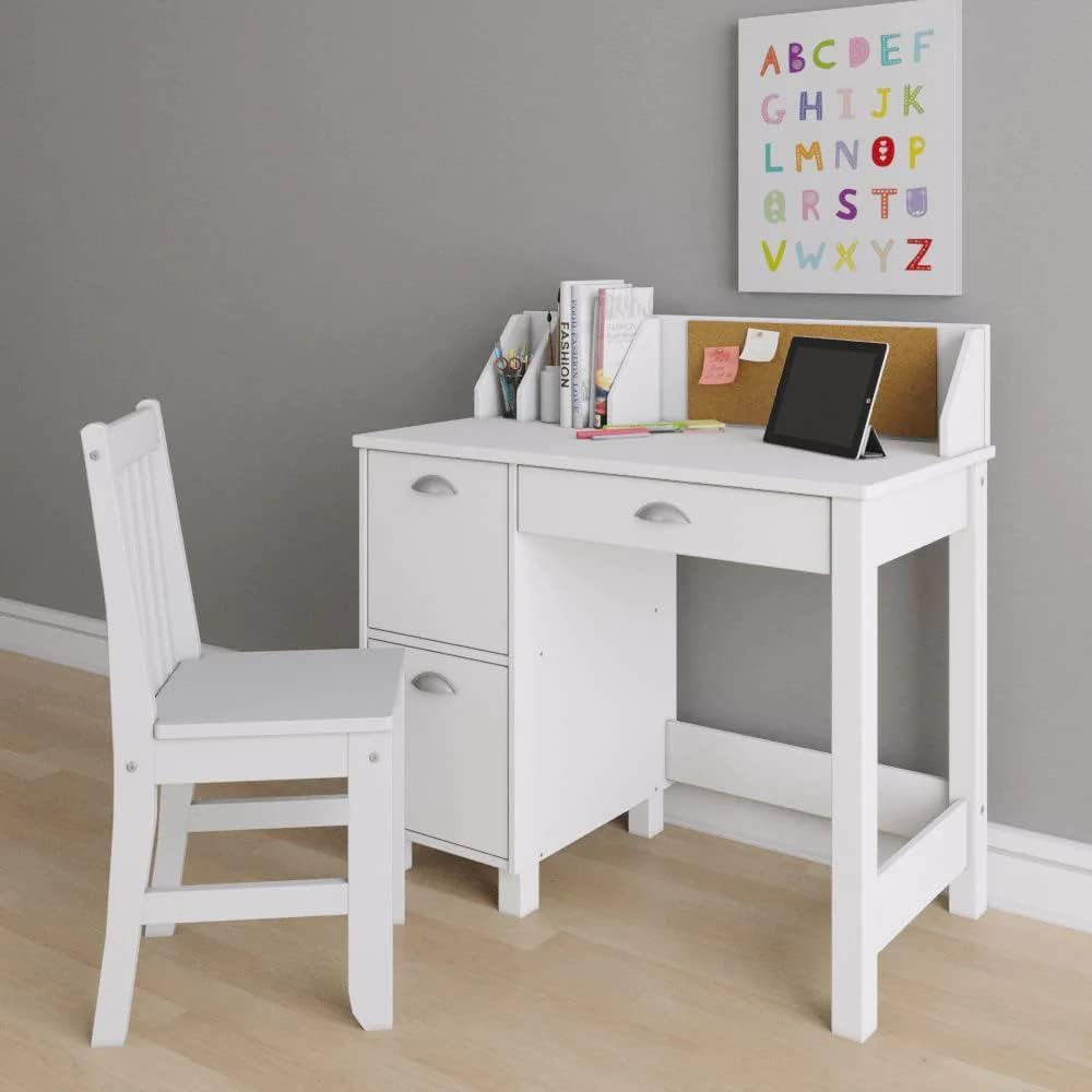 Wooden Study Desk Chair Set For Kids, Writing Desk With Storage Cabinet – Computer And Gaming Workstation Table With Drawers For Bedroom, Study Room, Homeschool (White/Rectangular)
