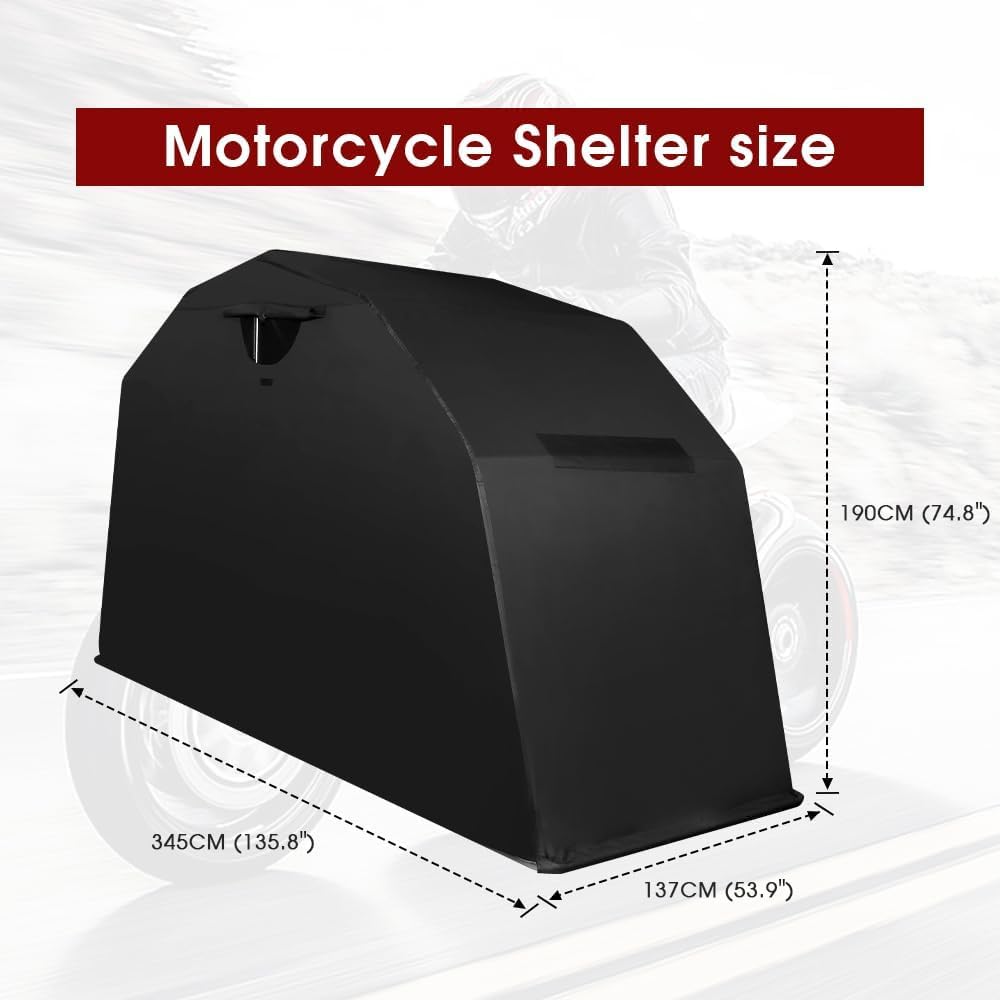 PROEZE Heavy Duty Motorcycle Shelter Storage Sheds Motorcycle Garage, 136'x54' x75' Motorcycle Cover Waterproof Outdoor Motorcycle Tent with Lock
