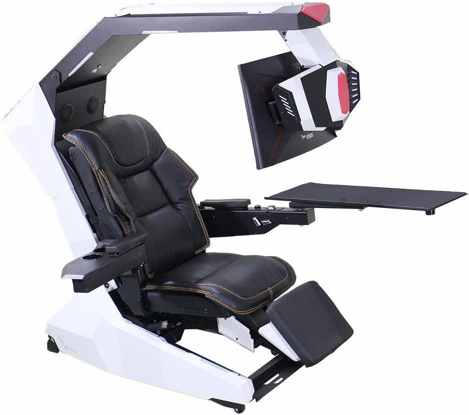 Imperatorworks R1 Pro White Executive Boss Massage Genuine Leather Chair Cockpit with Speakers Starlight RGB Support 3 Monitors Motorized Distance Adjustable