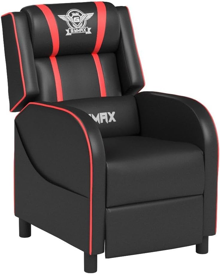 GYMAX Gaming Recliner, Massage Gaming Chair with Adjustable Footrest, Remote Control & Side Pocket, Ergonomic Game Lounge Chair, Racing Style Single Theater Seat Game Sofa for Adults (Red)