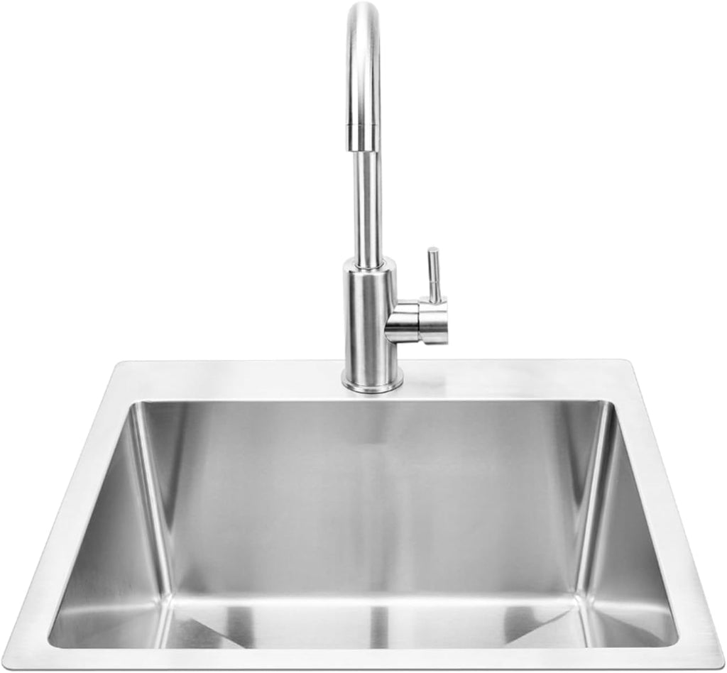 Bull Outdoor Products 18' Stainless Steel Sink & Faucet – Under & Over Mount All-in-One Kit – 304 Grade Stainless Steel, Includes Drain, Catch & Water Lines