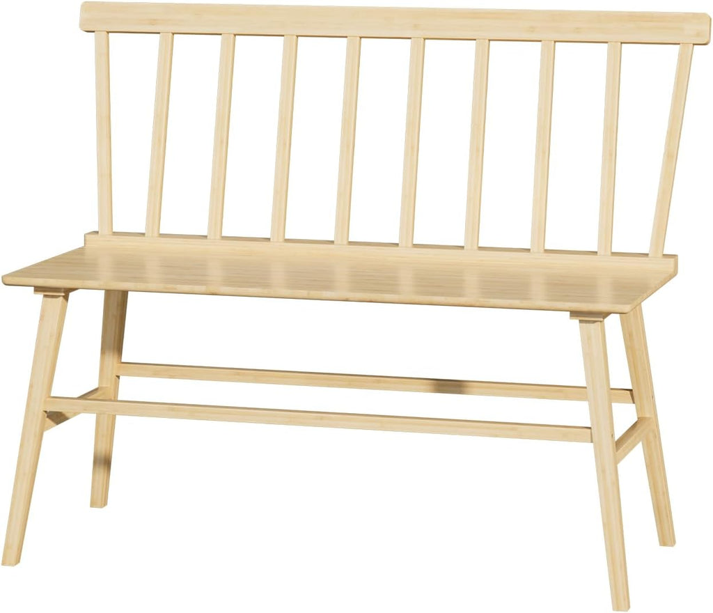 Dining Bench for Kitchen & Dining Room – Bamboo Wood Bench with Spindle Back & Armrests, Farmhouse Entryway Bench, Indoor Bedroom Bench, Versatile Entry Bench & Outdoor Bench Seating（Natural）