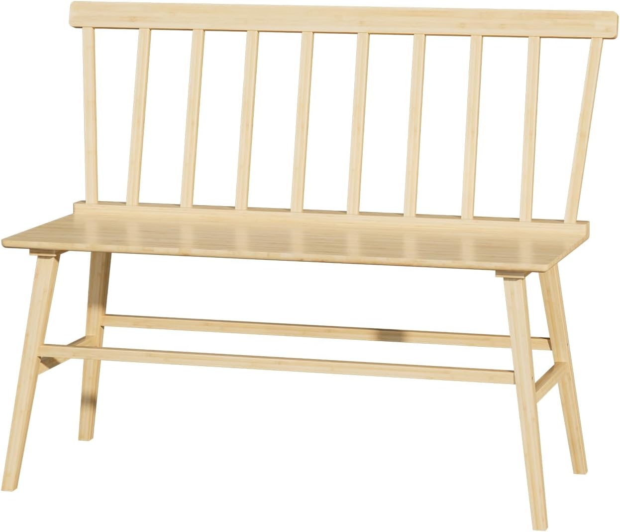 Dining Bench for Kitchen & Dining Room – Bamboo Wood Bench with Spindle Back & Armrests, Farmhouse Entryway Bench, Indoor Bedroom Bench, Versatile Entry Bench & Outdoor Bench Seating（Natural）