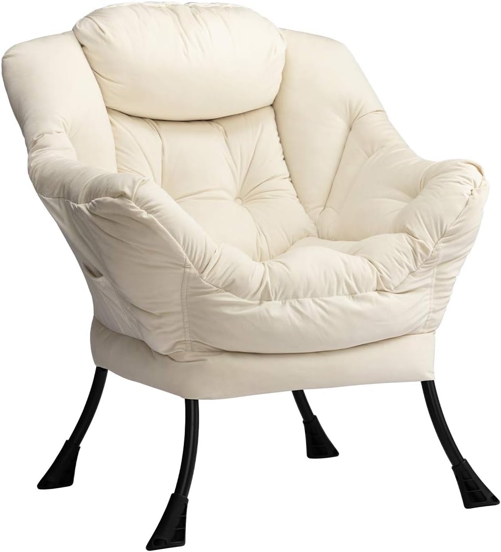 HollyHOME Lazy Chair with Armrest and Side Pocket, Comfy Accent Lounge Chair,Leisure Sofa Armchair for Living Room, Bedroom, Dorm, or Small Spaces, Oversized Reading Sofa Chair,Velvet Beige