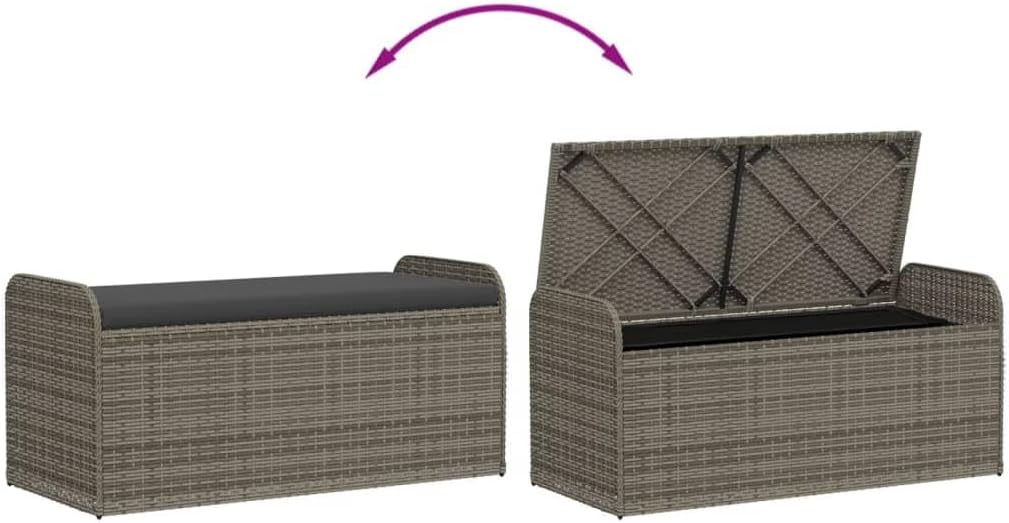 vidaXL Storage Bench Grey PE Rattan, Powder-Coated Steel, Polyester