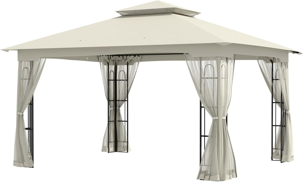 EAGLE PEAK Patio Gazebo with Mesh Netting 13x11 at Top 12x10 Footprint, Soft Top Outdoor Pavilion for Backyard, Deck, Lawn and Garden, Beige